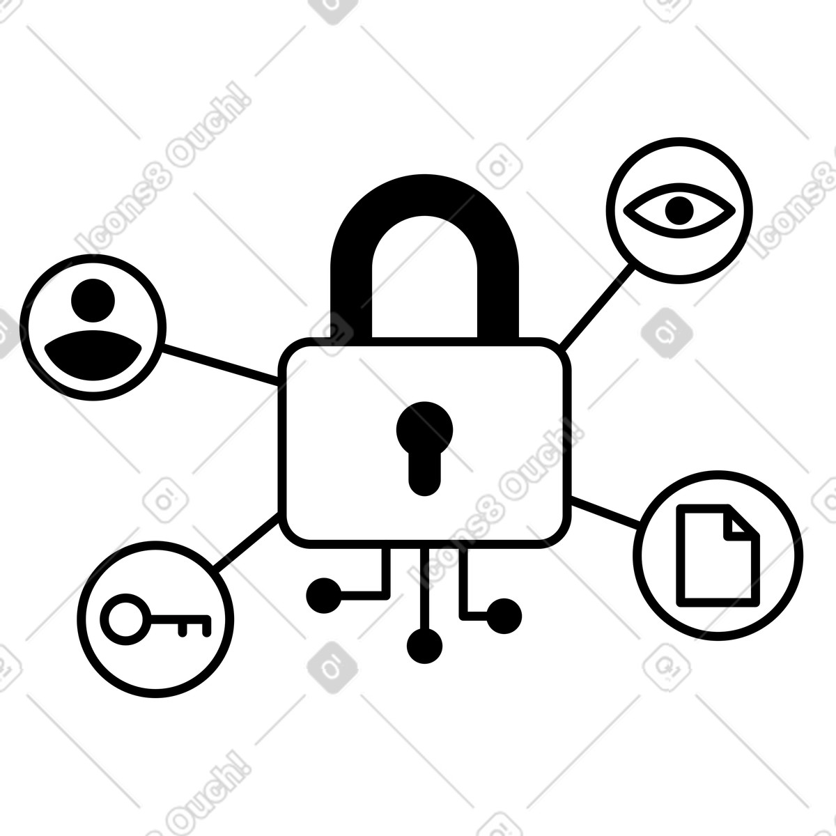 Illustration Lock securing user identity eye surveillance key access and document dans le style Notion Line Art à télécharger aux formats PNG, SVG