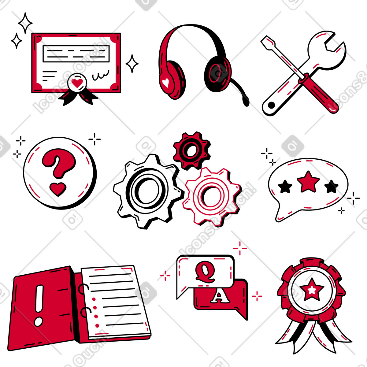 Customer and technical support items illustration in Ruby style download in PNG, SVG
