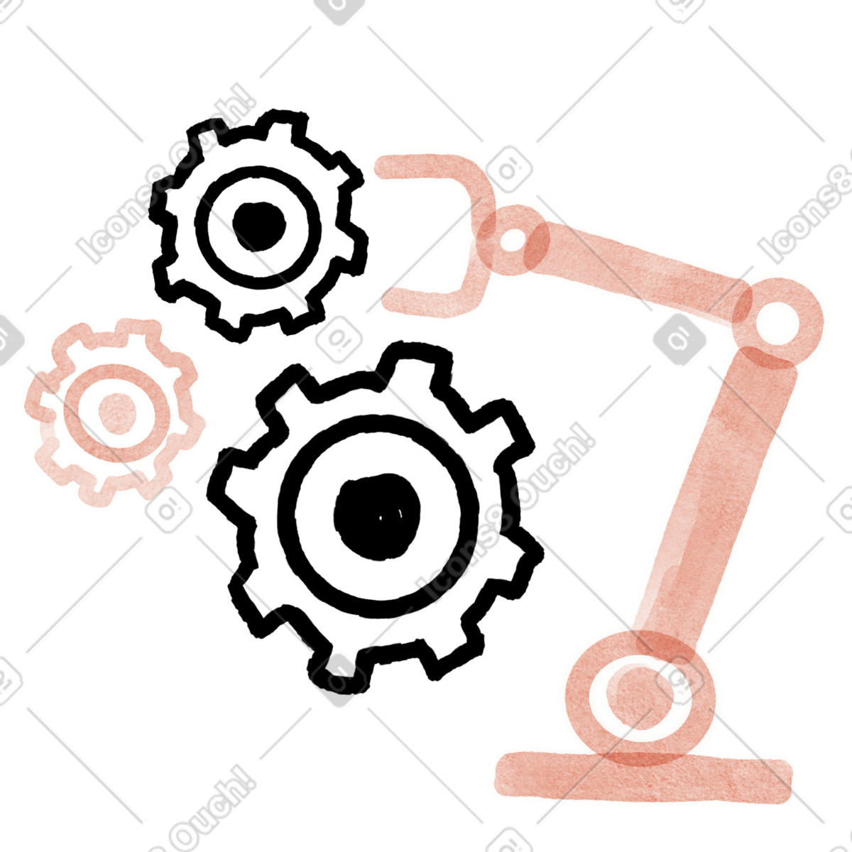 Ilustración Robot arm assembling industrial gears for automated manufacturing process efficiency en estilo Anthropic Claude Hand Drawn a descargar en PNG y SVG