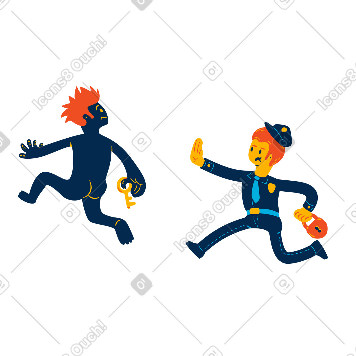 Ilustración Officer pursuing criminal holding key, Theft control and legal protection en estilo Flame a descargar en PNG y SVG