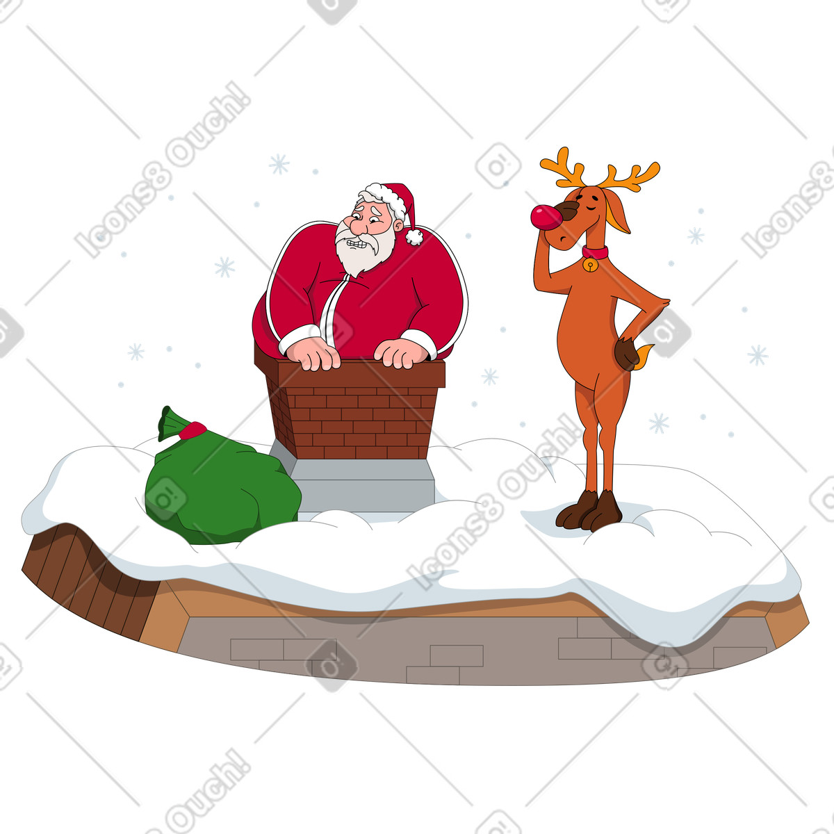Santa stuck in a chimney and disappointed reindeer illustration Camp style download PNG, SVG