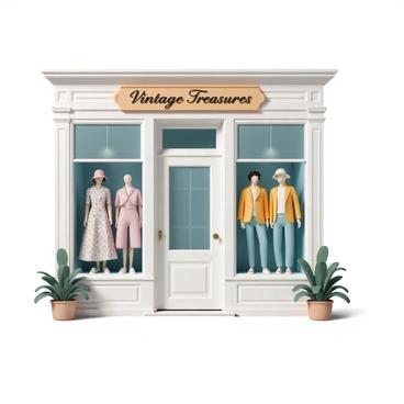 A vintage clothing boutique storefront featuring large windows. Inside, several mannequins are dressed in retro fashion from various eras. One mannequin is wearing a 1960s floral print dress with a cinched waist and a wide-brimmed hat. Another displays a 1980s bright-colored oversized blazer paired with high-waisted jeans and chunky sneakers. The boutique's exterior has a classic wooden sign above the door that reads "Vintage Treasures" in elegant script. Potted plants are flanking the entrance, adding a touch of greenery to the scene.