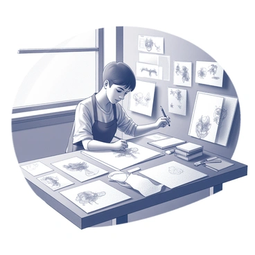 An artist surrounded by scattered sketches while drawing a new illustration