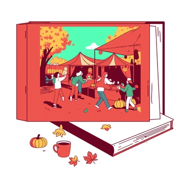 A red book cover features an autumn festival scene. Bright orange leaves are scattered around, and people are gathered in the foreground, wearing colorful sweaters and hats. Some individuals are dancing, while others are enjoying warm beverages from mugs. In the background, there are stalls adorned with autumn decorations, showcasing pumpkins and handmade crafts. The sky is a soft teal, creating a contrast with the vibrant colors of the leaves and festivities.