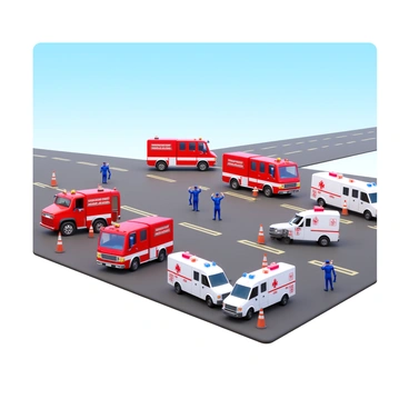 An emergency response drill taking place on a runway. There are several fire trucks positioned strategically, displaying bright red colors with flashing lights on top. Multiple ambulances are parked nearby, featuring prominent medical symbols and emergency equipment visible. Uniformed personnel are actively engaging in the drill, demonstrating teamwork and coordination. The runway is marked clearly with safety lines and cones, while a clear blue sky serves as the backdrop.