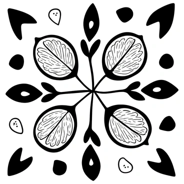 A close-up illustration of "durian leaves" with detailed textures forming a symmetrical pattern. The leaves are arranged in a repeating design, showcasing their distinct shapes and veins. The background features various stylized botanical shapes that enhance the focus on the leaves. Each leaf is depicted with intricate lines and shading to highlight its structure and design.