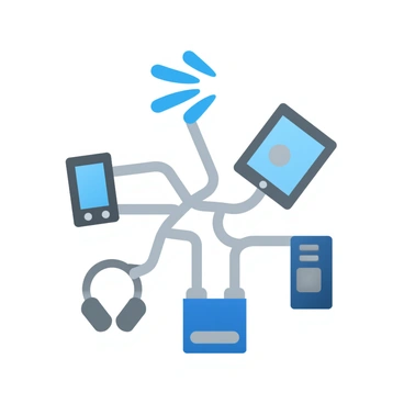 A collection of various gadgets, including a smartphone, a tablet, and a pair of headphones, tangled in a web of wires, with a visible Bluetooth signal emanating from a central point.