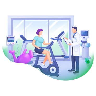 A patient sitting on an exercise bike in a cardiac rehabilitation center. The patient is wearing a light blue workout shirt and black shorts. The room is spacious and well-lit, featuring large windows allowing natural light to stream in. Various exercise equipment is visible in the background, including free weights and treadmills. A medical professional is standing nearby, monitoring the patient's progress with a clipboard. There are heart rate monitors and other medical devices positioned around the exercise area, contributing to the environment focused on health and recovery.