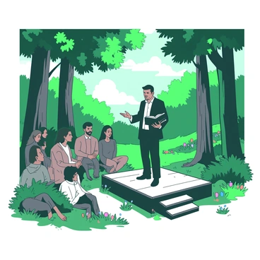 A preacher stands on a small wooden platform in a serene forest clearing, engaging with a small group of attentive listeners. The preacher is wearing a simple black suit and holds a book in one hand while gesturing with the other, conveying a sense of passion and conviction. Sunlight filters through the lush green canopy above, casting dappled light onto the ground and illuminating the faces of the listeners. Surrounding them are tall trees with vibrant green foliage and patches of colorful wildflowers scattered on the forest floor. The atmosphere is calm, inviting a sense of reflection and connection among the group.