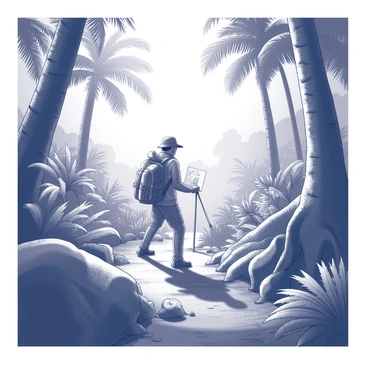 A lone explorer is trekking through a dense jungle on a tropical island. The explorer, dressed in rugged outdoor gear, is navigating through thick foliage, surrounded by towering trees and lush tropical plants. Sunlight filters through the dense canopy, casting dappled shadows on the forest floor. The explorer is holding a map in one hand and a sturdy walking stick in the other, carefully making their way over roots and uneven terrain. Various exotic plants and ferns are visible around, contributing to the dense, vibrant environment. A distant sound of wildlife can be heard in the background, enhancing the sense of adventure and exploration.