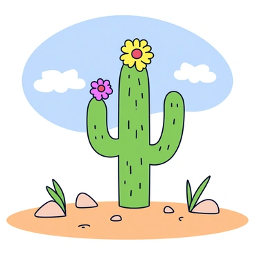 A desert scene featuring a tall green cactus with bright, vibrant pink and yellow flowers blooming at the top. The cactus stands prominently on a sandy, light brown ground, surrounded by small rocks and sparse patches of dry grass. The sky above is clear and blue, with a few fluffy white clouds scattered. The overall atmosphere conveys the contrast of the colorful flowers against the dry, arid landscape.