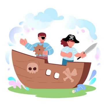 Two children dressed as pirates are standing on a cardboard ship in a backyard. One child is wearing a striped shirt and a black eye patch, holding a cardboard steering wheel with both hands. The other child is wearing a pirate hat and has a wooden sword propped against the ship's side. The cardboard ship is decorated with colorful drawings of sails and a large skull and crossbones. Around them, the backyard is filled with grass and a few scattered toys, creating a playful environment. A bright blue sky enhances the cheerful scene.