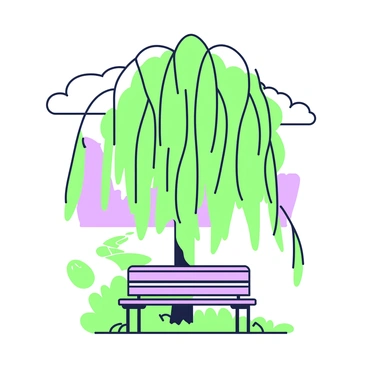 An empty park bench is positioned beneath a large willow tree, its long, sweeping branches cascading down. The bench is made of wood and has a simple design, featuring slats for seating. The ground is covered with a mix of grass and fallen leaves, creating a natural setting. Above, the sky is filled with an overcast cloud cover, casting a muted light over the scene. In the background, a gently winding path can be seen, leading into the distance. The overall atmosphere is tranquil and inviting.