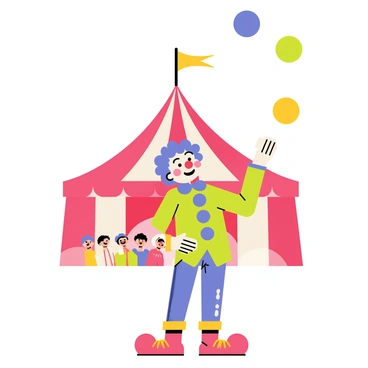 A clown with a bright red nose and colorful face paint is juggling three vibrant balls in the air. The clown has curly blue hair and is wearing a multicolored outfit with oversized shoes. Below a large red and white striped circus tent, a cheering audience can be seen in the background. The balls are in shades of yellow, green, and purple, adding to the lively atmosphere. The clown’s big smile showcases a sense of joy and entertainment as he performs.