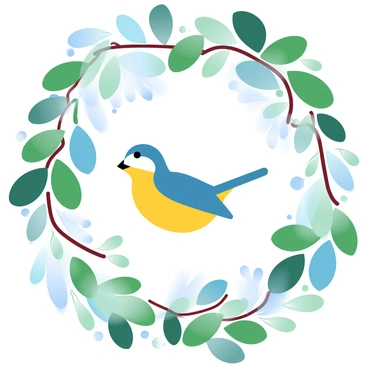 A blue tit bird is flitting through a dense forest canopy. The blue tit has vibrant blue and yellow feathers, creating a striking contrast against the lush green leaves surrounding it. Sunlight filters through the foliage, casting soft shadows on the bird. Various shades of green from the leaves and branches create a vibrant backdrop. Small twigs and delicate flowers are visible among the greenery, enhancing the natural setting.