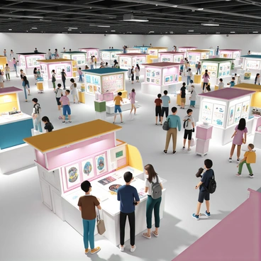 A spacious art trade show filled with vibrant stalls displaying various illustrations. Numerous attendees are scattered throughout the venue, browsing the artwork and engaging with the artists. Some visitors are examining detailed prints, while others are discussing potential purchases with the stall owners. Each stall features unique designs and colorful displays, attracting the interest of passersby. The atmosphere is lively, with people smiling and exchanging ideas about the artwork. Bright lights illuminate the space, enhancing the appeal of the illustrations on display.