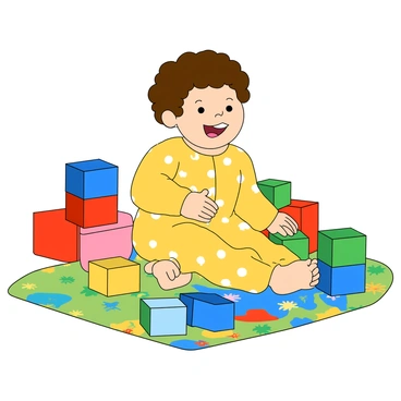 A joyful baby girl with light skin and curly brown hair is sitting on a bright play mat filled with various colors. She is wearing a yellow onesie with white polka dots. Surrounding her are colorful blocks in primary colors: red, blue, green, and yellow. Some of the blocks are stacked, while others are scattered around her. The baby's face shows a big smile as she reaches for a blue block with both hands. The play mat features playful patterns of animals and shapes.