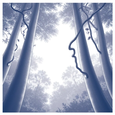 A view looking up into a dense canopy of a rainforest. Tall trees with thick trunks stretch upward, their branches interweaving to form a lush overhead cover. Leaves of various shapes and sizes create a dense tapestry of foliage, filtering the light that trickles through. Vines hang down from branches, intertwining with the surrounding greenery. Occasional glimpses of the sky are visible through the gaps, adding an intriguing depth to the scene.