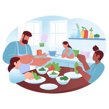 A family is gathered in a bright kitchen, preparing a traditional meal together. The kitchen is filled with fresh ingredients from their farm, including vibrant vegetables and aromatic herbs displayed on the countertop. The father is chopping colorful bell peppers, while the mother is stirring a pot on the stove. Two children are washing leafy greens at the sink, their hands busy with the fresh produce. A wooden table is set with various bowls and utensils, suggesting a lively cooking process. Sunlight streams in through a window, casting a warm glow over the scene.