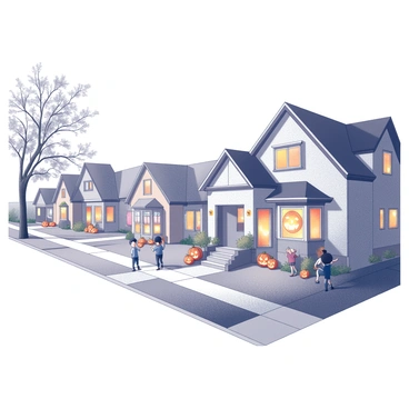 A neighborhood street lined with houses adorned with decorations for a festive occasion. Each house features various cheerful decorations, including colorful banners and festive lights. Jack-o'-lanterns with carved faces are placed on the porches and walkways, their flickering candlelight casting soft shadows on the ground. The trees along the street are draped with strings of lights and autumn leaves, enhancing the warm atmosphere of the scene. Families can be seen walking along the sidewalk, enjoying the vibrant decorations.