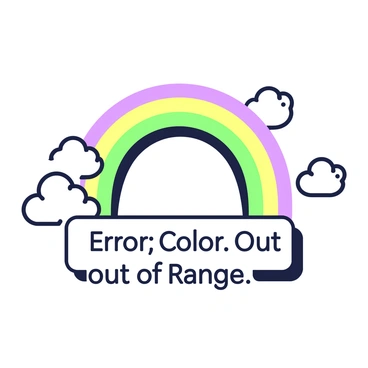 A rainbow is arcing across the sky, with its vibrant colors gradually fading towards the edges. Below the rainbow, there is a large, bold label that reads "Error: Color Out of Range." The label is placed prominently in the center of the image, set against a contrasting background. The sky around the rainbow features soft clouds billowing gently. The overall scene captures the interaction between the fading colors of the rainbow and the stark text of the label.