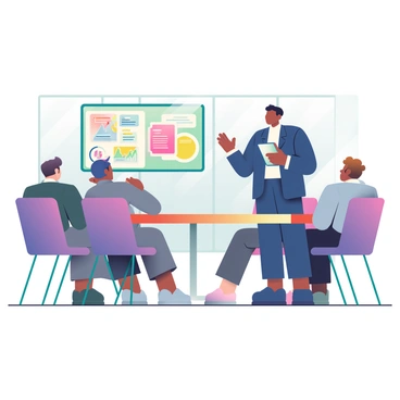 An entrepreneur with dark skin and short black hair is standing in front of a panel of investors, passionately pitching a startup idea. The entrepreneur is wearing a tailored navy blue suit and a white shirt, gesturing animatedly with their right hand while holding a tablet in their left hand. The meeting room has a large rectangular wooden table surrounded by several chairs, and there are four investors seated around the table, listening attentively. Each investor is dressed in business attire, with a mix of grey and black suits. A large screen in the background displays a colorful infographic related to the startup concept. Natural light is filtering in through large windows, illuminating the room.