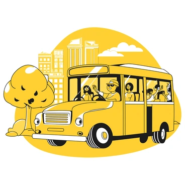 A bus driver sitting on an open-rooftop bus, wearing a yellow cap and sunglasses. The driver has a relaxed smile on their face as they grip the steering wheel, surrounded by a vibrant cityscape. The bus is passing by tall buildings and lush green trees, with passengers enjoying the sunny day, some taking pictures and others chatting happily. The clear sky above is bright and inviting.