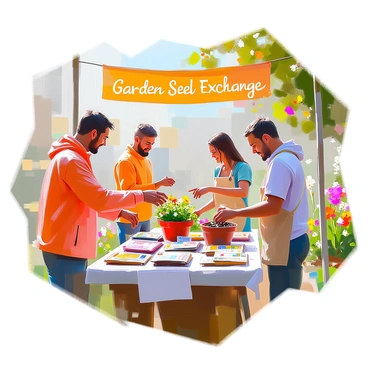 A vibrant community garden event features neighbors actively exchanging and depositing an assortment of seeds. Tables are filled with small packets containing a variety of seeds, including colorful flower seeds and different vegetable seeds, neatly organized for easy access. Some participants are chatting and smiling as they share their gardening tips and experiences, while others are carefully placing seeds into designated garden plots. Lush greenery surrounds the area, with blooming flowers providing a lively backdrop to the event. A bright banner reading "Garden Seed Exchange" hangs overhead, adding to the festive atmosphere.