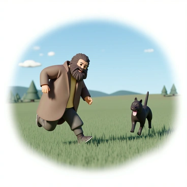 Rubeus Hagrid, a large man with a bushy beard and wearing a brown overcoat, is playfully chasing after his black boarhound, Fang. Hagrid's face is lit up with a joyful expression as he runs across an open field filled with lush green grass under a bright blue sky. Fang, with his tongue hanging out and a playful demeanor, is bounding ahead, looking back at Hagrid with excitement. In the background, there are a few scattered trees and a distant hill, adding depth to the scene. The sun casts soft shadows as they enjoy their playful moment together.