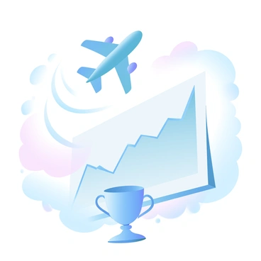 An airplane is ascending into the sky, leaving behind a trail of vapor. The aircraft has a sleek design with vibrant colors on its body. Below the airplane, a large chart shows a rising line graph, indicating a successfully reached quota. Surrounding the airplane are fluffy clouds, painted in soft gradient pastel colors. A stylized trophy is positioned in the foreground, symbolizing achievement and success.