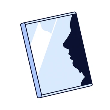 A rectangular mirror with a simple frame is positioned against a plain wall. The reflection in the mirror shows a face with one half illuminated by soft light, highlighting distinct features such as the eyes and cheekbone. The other half of the face is obscured in shadow, creating a stark contrast. The shadowy side conceals the details of the features, adding a sense of mystery to the image. The overall scene is devoid of distractions, focusing solely on the mirror and the reflected face.