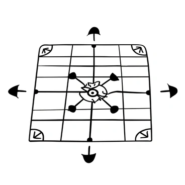 A robotic figure with a metallic surface is traversing a grid layout marked by lines. The robot is positioned in the center of the grid, with its limbs extending in a precise, calculated manner as it moves. Surrounding the robot are various arrows indicating the pre-determined path it is following. Each square of the grid has a distinct pattern, further emphasizing the notion of order and obedience in its movement. The entire scene is depicted in black and white, highlighting the robotic nature and the structured environment.