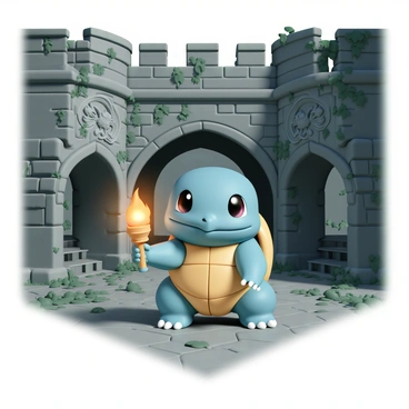 A Squirtle, with a shiny blue shell and a playful expression, is holding a small torch in its front paws. The castle around it is grand and ancient, with tall stone walls covered in moss and ivy. In the background, there are crumbling archways and scattered debris, hinting at the castle's long history. The dim light from the torch casts flickering shadows on the walls, illuminating intricate carvings and faded murals depicting knights and dragons. The Squirtle’s eyes are wide with curiosity as it cautiously explores the mysterious surroundings.