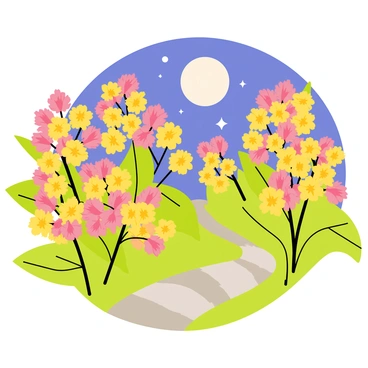 Honeysuckle flowers with delicate yellow and pink petals are arranged in clusters, their colors subtly glowing under a soft moonlight. The garden features lush green leaves surrounding the flowers, with a gently curved stone path winding through the scene. A few twinkling stars are visible in the night sky above, illuminating the tranquil atmosphere of the garden.