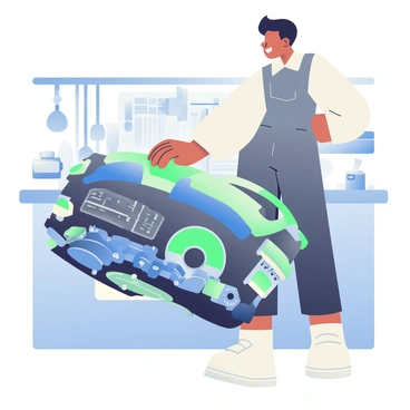 A futuristic car engine design with glowing parts, being admired by an engineer