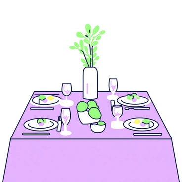 A brunch table set in a minimalist style features a smooth, light-colored tablecloth. On the table, there are several simple white plates arranged neatly. Each plate has a small serving of food, such as a salad or eggs. Surrounding the plates, there is an arrangement of green leafy decor, including sprigs of herbs and small potted plants. A few crystal glasses are placed at each setting, and a single slender vase with a green plant sits in the center of the table, adding a touch of freshness to the scene.
