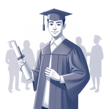 A graduate standing tall and confident. They are wearing a traditional graduation cap and gown, which drapes elegantly over their shoulders. In their right hand, they are holding their diploma, fully rolled and tied with a ribbon. The graduate's face is beaming with a proud smile, reflecting their achievement. The background features a blurred academic setting, suggesting a graduation ceremony with friends and family in attendance.