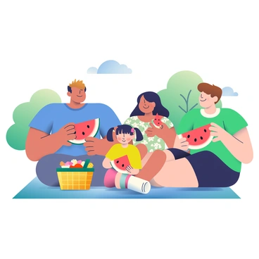 A happy family is sitting on a picnic blanket in a park, enjoying slices of watermelon. There are four members in the family: a father with short brown hair and a blue t-shirt, a mother with long black hair and a floral dress, a young girl with pigtails wearing a yellow shirt, and a teenage boy with a green t-shirt. The watermelon slices are bright red with black seeds, and the family members are smiling and laughing together. In the background, there are green trees and a clear blue sky, with a few fluffy white clouds. A picnic basket filled with fruits and snacks is placed on the blanket.