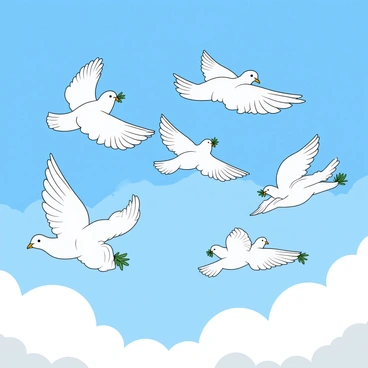 A flock of white doves is soaring together in a bright blue sky filled with fluffy white clouds. The doves are gracefully spread out in various flying poses, with some flapping their wings energetically while others gliding smoothly. Each dove has a small olive branch in its beak, emphasizing their symbolism of peace. Sunlight illuminates their feathers, giving them a soft, radiant glow as they move harmoniously through the open sky.