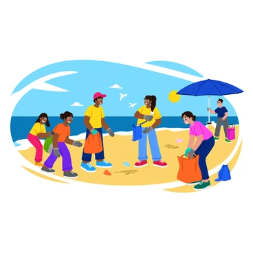A diverse group of students is actively participating in an environmental cleanup at a sandy beach. They are wearing colorful t-shirts and hats, showcasing a variety of styles. Some students are collecting pieces of trash in bright orange and blue trash bags, while others are picking up litter with gloves on. The sun is shining brightly overhead, casting cheerful shadows on the sand. In the background, there are gentle waves lapping at the shore and a few seagulls flying in the clear blue sky. A nearby beach umbrella is set up, providing shade for a few students taking a short break.