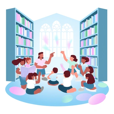 A group of children is gathered in a grand library filled with towering bookshelves that reach the ceiling. The shelves are lined with an assortment of colorful, oversized books. Some of the books are open, and vibrant illustrations are emerging from the pages, creating a sense of wonder. The children are mesmerized, with some reaching out to touch the illustrations while others are pointing excitedly at a book that appears to be glowing. Rays of soft light filter through large stained glass windows, casting a warm glow over the scene. The floor is covered with a richly patterned carpet, and scattered around are plush cushions where some children are sitting, engrossed in the magical experience.