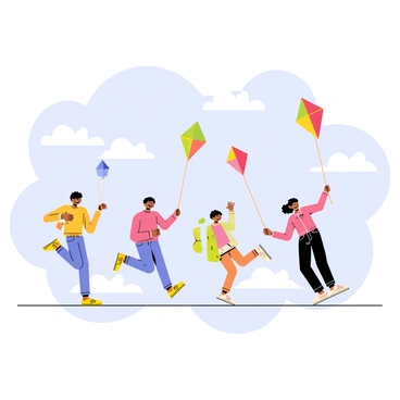 A group of children is happily flying colorful kites on a bright, breezy day. Each child holds a string attached to their uniquely designed kite, which features vibrant colors and patterns. The sky is a clear blue, dotted with fluffy white clouds, creating a perfect backdrop for the scene. The children are laughing and running, their hair blowing in the wind, as the kites soar high above them, dancing playfully in the air.