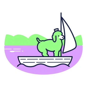 A poodle wearing a sailor hat on a boat sailing on a lake