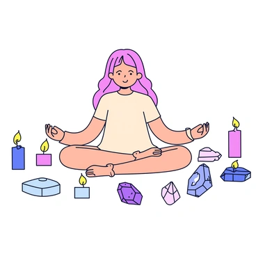 A girl sitting in the lotus position with her hands resting on her knees. She has long, flowing hair and is wearing a simple, light-colored dress. Surrounding her are several lit candles of various heights, casting a soft glow. There are also different types of crystals scattered around her, including amethyst, quartz, and jade, each reflecting light in unique ways. The overall composition emphasizes a sense of tranquility and balance.