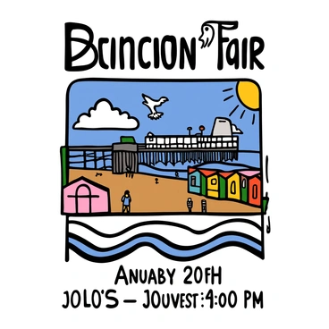 A vintage-style poster featuring the “Brighton Illustration Fair” in bold, retro typography. The poster includes an illustration of the Brighton Pier in a scenic view, with people walking along it and seagulls flying above. There are colorful beach huts along the shore, and a bright sun in the corner casting warm light. The background features stylized waves and a blue sky with fluffy clouds, creating a nostalgic atmosphere. The date and details of the fair are displayed in charming fonts at the bottom of the poster.