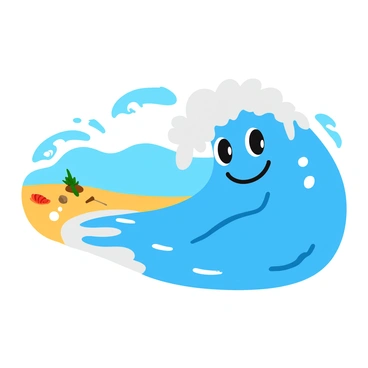 A large ocean wave rolls toward the shore, its crest curving into the shape of a "smiling face." The face features bright, animated eyes and a wide, cheerful grin formed by frothy white bubbles. As the wave crashes onto the sandy beach, droplets of water scatter in the air, catching the sunlight and creating a shimmering effect. The shoreline is dotted with small seashells and pieces of driftwood, enhancing the lively scene.