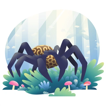 A giant spider with glossy black legs is resting among the foggy forest undergrowth. Its body is adorned with intricate patterns in shades of dark brown and gold. Surrounding the spider are lush green ferns and small, delicate mushrooms sprouting from the damp earth. Wisps of fog weave through the undergrowth, creating a mysterious atmosphere. Dappled sunlight filters through the trees above, casting soft shadows on the forest floor. In the background, the silhouettes of tall trees are barely visible through the mist.