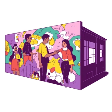 A large mural covers the side of a building, showcasing people from various races standing together in unity. Each figure is designed with vibrant colors, exhibiting distinct traditional clothing and cultural symbols. In the center, a woman of African descent extends her hand towards an Asian man, while a Hispanic girl laughs beside them. Surrounding them are elements that represent their cultures, such as patterns, motifs, and traditional instruments. The background is filled with bright, swirling patterns that enhance the sense of connection and community among the figures.