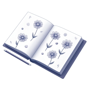 A sketchbook is open on a flat surface, filled with various playful doodles. The page features multiple "calendula flowers" illustrated in a whimsical style, showcasing their round, layered petals and distinct centers. Some flowers are drawn in different sizes, while others are slightly tilted, creating a sense of movement. Around the flowers, there are small, hand-drawn elements such as leaves and simple line designs that add to the playful nature of the composition. The sketchbook itself has a textured cover, and there is a pencil lying beside it, suggesting recent artistic activity.