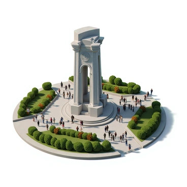 A large historical monument made of gray concrete with intricate carvings and a prominent structure. The monument stands tall in the center, showcasing architectural details such as columns and arches. Surrounding the monument are well-maintained gardens with vibrant flowers, neatly trimmed bushes, and pathways for visitors. A diverse group of visitors can be seen walking around, taking pictures, and admiring the monument. The scene is lively, with people of different ages and backgrounds engaging with the surroundings.